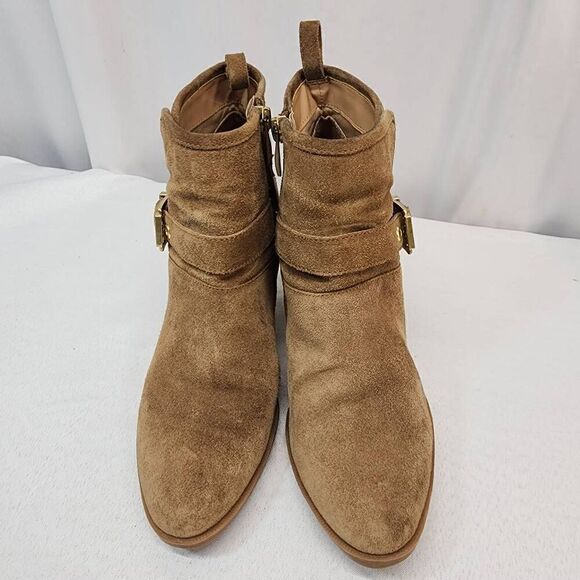 Franco Sarto Size 6.5 Women's Dorinda Suede Ankle Booties Cognac Buckle block He - Picture 3 of 10